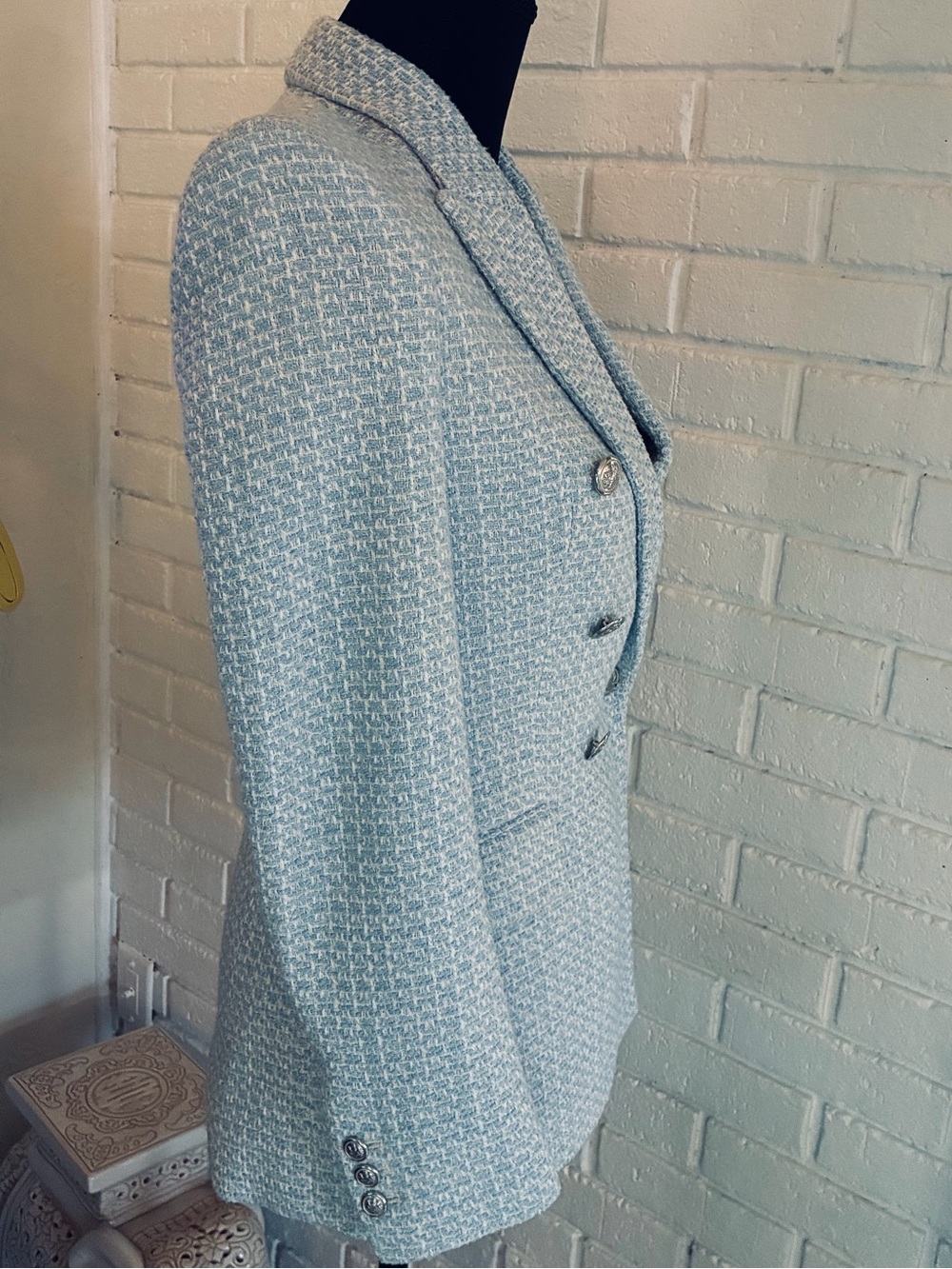 💙 ZARA Double-Breasted Tweed Blazer Jacket - Light Blue EUC XS - Picture 3 of 11